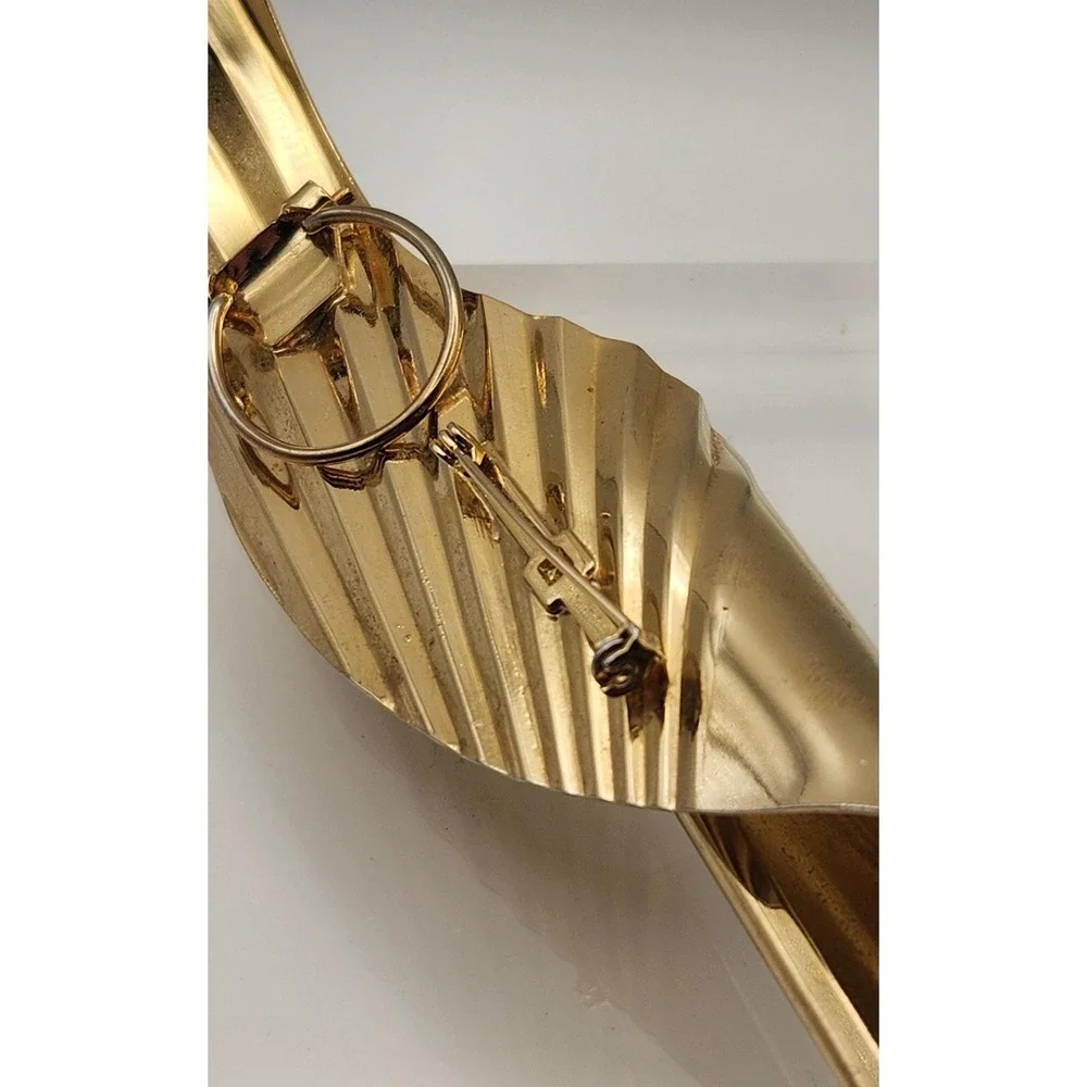 Vintage Modernist Brooch Gold Tone Pin 5 inch Leaf Wing Sculptural Scarf Clip
